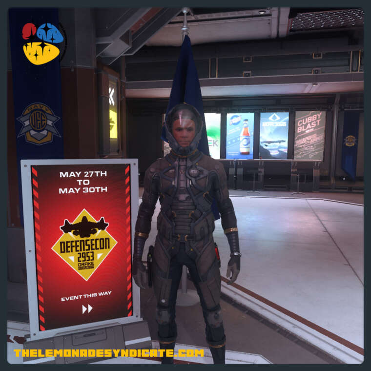 Lord Pith posting by a Defensecon sign at Riker Memorial Spaceport Area 18