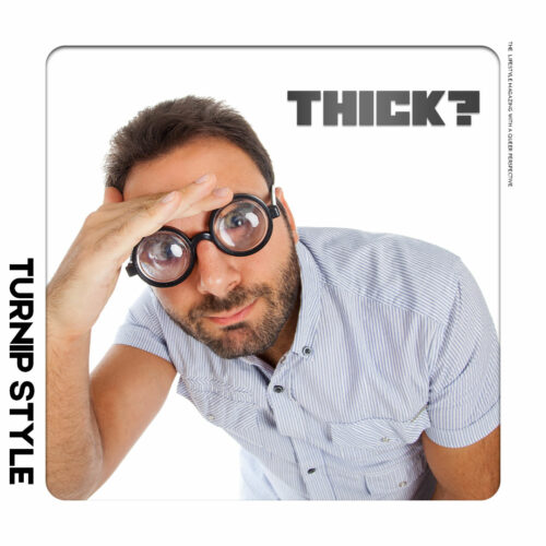 Man wearing joke eye glasses with super thick lenses