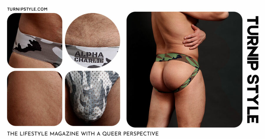 Model wearing Alpha Charlie camo jockstraps - TURNIP STYLE Summary Card