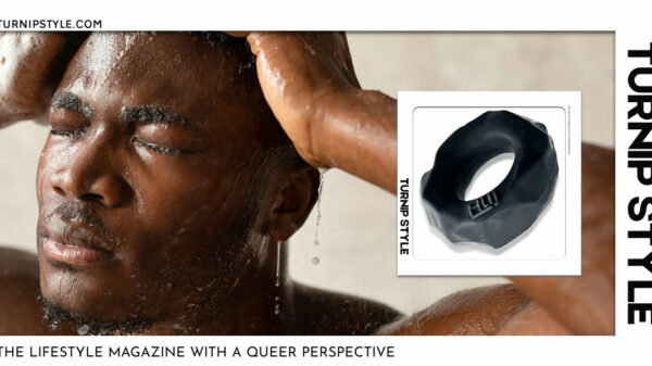 Man taking a shower and washing his hair with his eyes closed and image of the Fractal Comfort cockring is imposed over the image of the man.